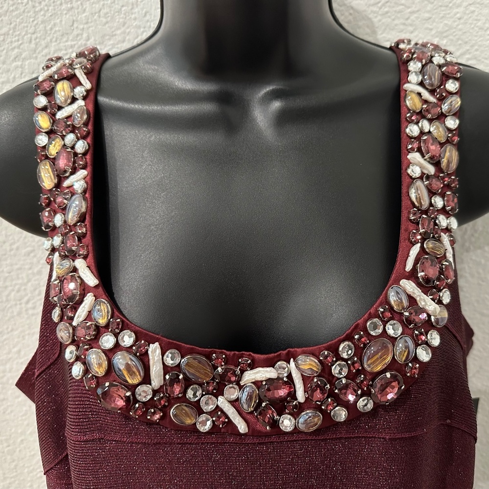NEW Carmen Marc Valvo | Metallic Beaded Jewels BANDAGE Dress | Burgundy | Neiman